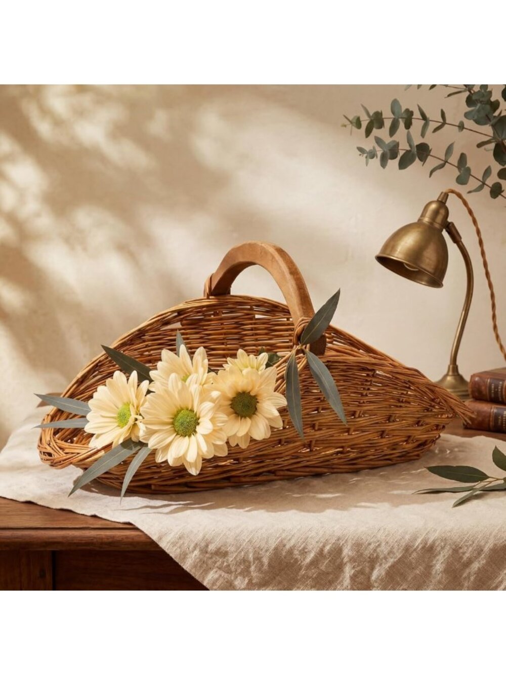 Light Brown Wicker Gathering Basket with Handle, 18.5"x10"x9", Storage Organizer